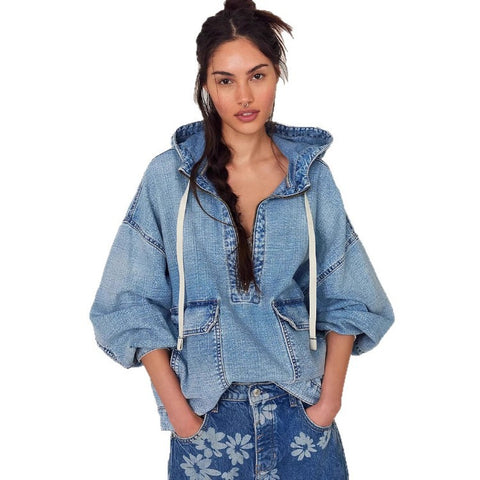 Fashion Loose Casual Wash Hooded Denim Long Sleeve Top m303253