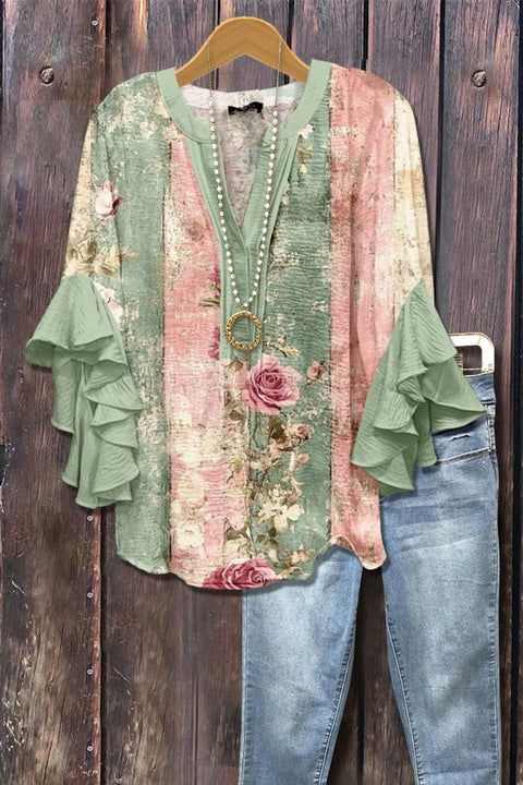 Creative floral element printing digital printing casual trend V-neck lotus edge T-shirt women's top m301778