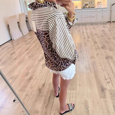 Fashion casual versatile long-sleeved leopard print splicing cardigan striped shirt top m302163