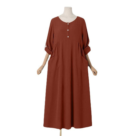 Women's Casual Loose Flip Sleeves Long Sleeves Crew Neck Pocket Large Size Cotton and Linen Dress Women's M302067
