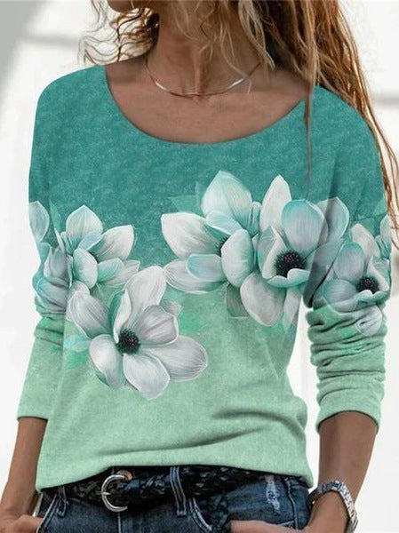 3D printed women's casual flower crew neck long-sleeved t-shirt top m301719