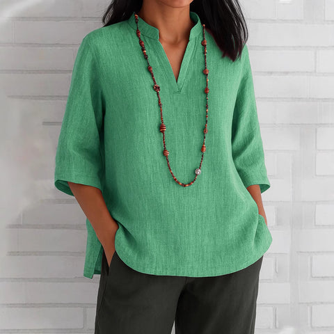 Women's V-neck seven-quarter-sleeved cotton and linen loose casual shirt m302068