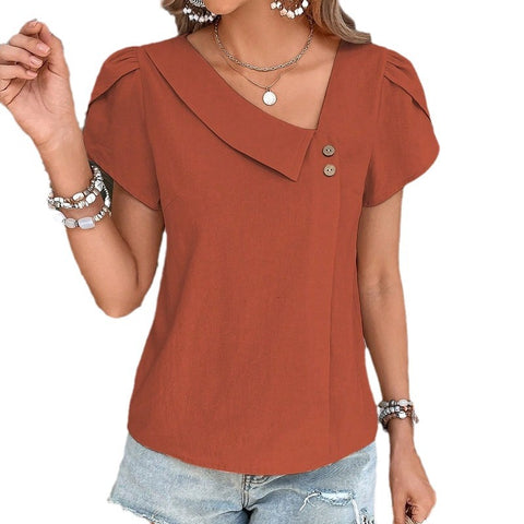 Small diagonal collar solid color washed cotton top women's m300988