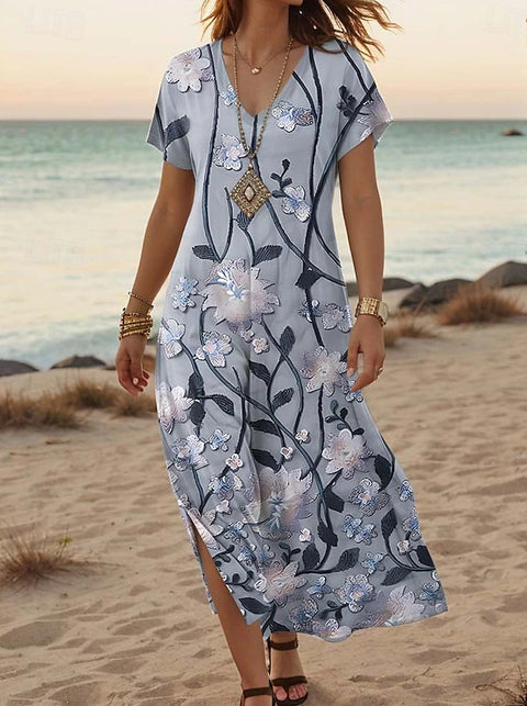 Creative floral women's summer new V-neck short-sleeved dress m301230