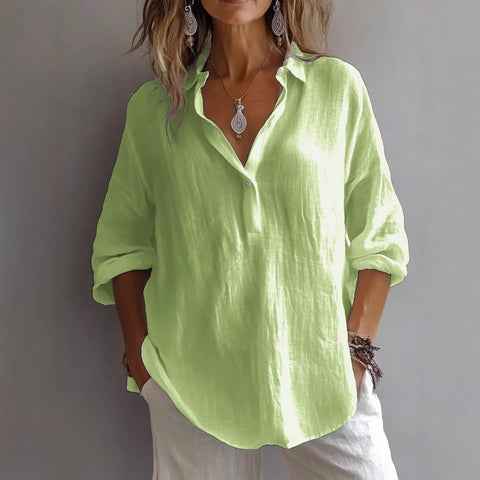 Solid color casual loose long-sleeved linen V-neck shirt m301732