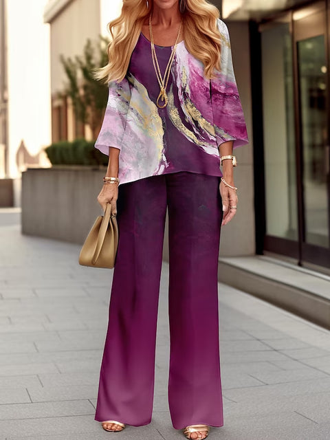 Long Sleeve Set Crew Neck Linen Printed Shirt Set m301254