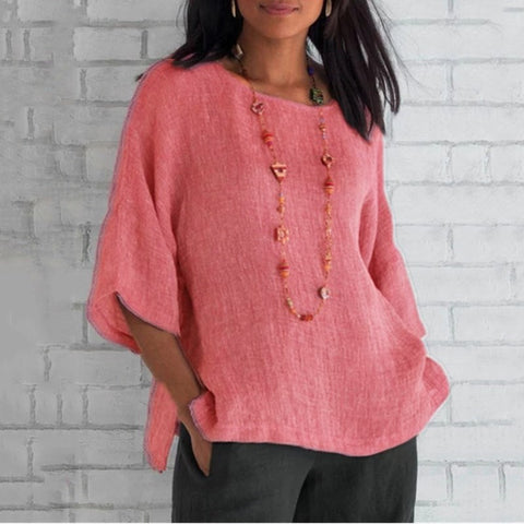 Split sleeved round neck cotton linen shirt top m300053