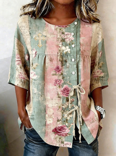 Color matching loose blouse five-button drawstring shirt m302758