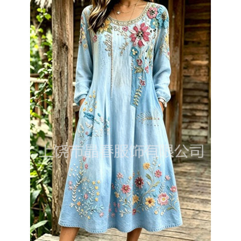 Mid-waist women's casual crew neck print women's dress FF303278
