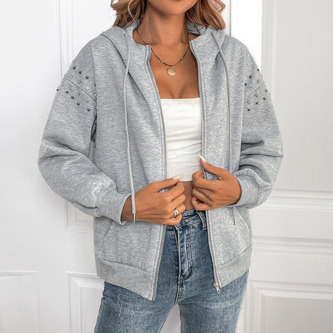 Hooded long-sleeved sweater autumn and winter solid color rivet casual fashion sweater jacket women m300810