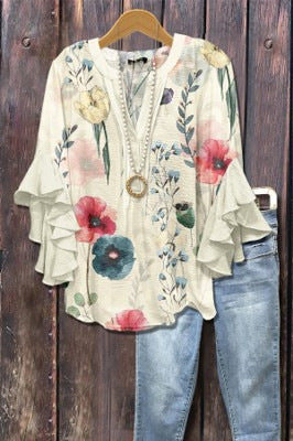 Digital printing casual trend V-neck lotus edge T-shirt women's m302725-2