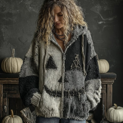 Halloween spoof digital printing zipper pumpkin hooded imitation knitted sweater m302044