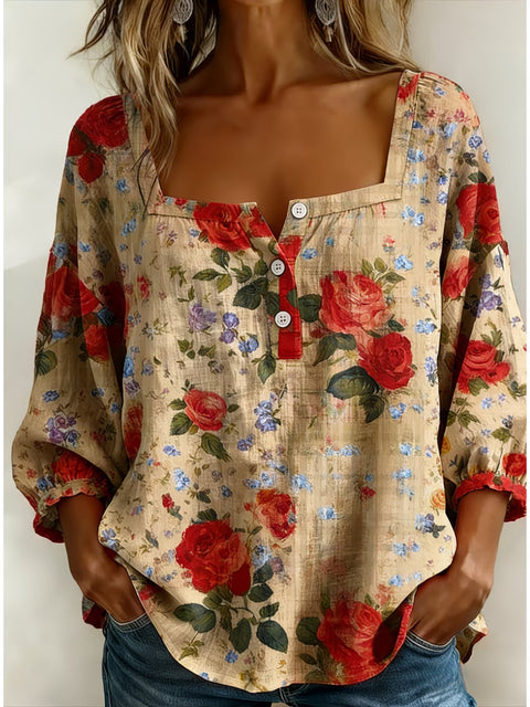 Women's square collar button-down shoulder seven-quarter sleeve medium sleeve T-shirt trend m302838