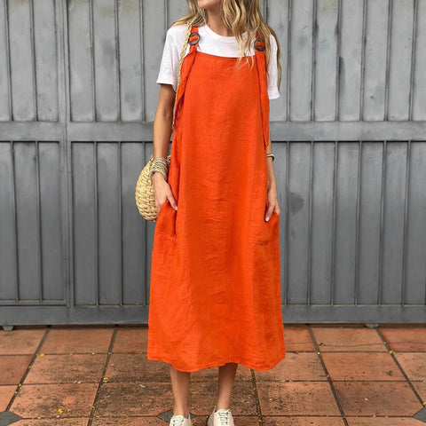 Women's fashion adjustable shoulder strap casual cotton and linen dress m302048