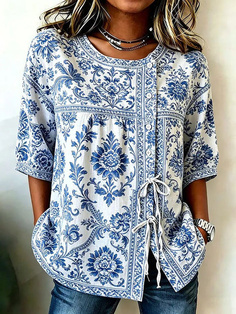 Color matching loose blouse five-button drawstring m302924