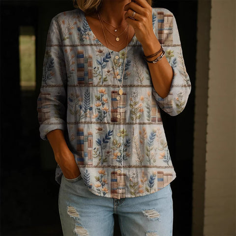 Crew Neck Women's Floral 3D Printed Henley Shirt m303180