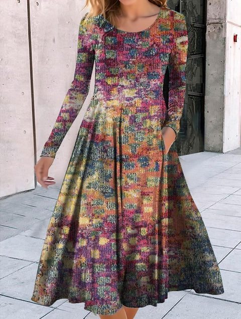 Crew Neck Long Sleeve Loose Geometric Pattern Printed Pendulum Dress m300700