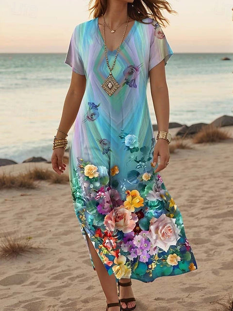Creative floral women's summer new V-neck short-sleeved dress m301230