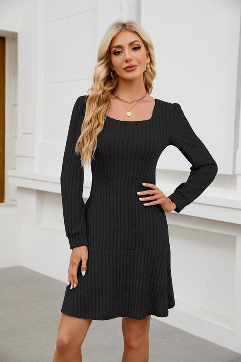 Square neck lantern sleeve doll pocket long sleeve dress m300921
