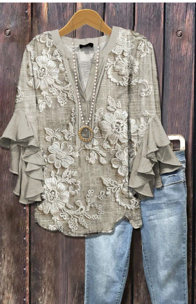 Creative floral element printing digital printing casual trend V-neck lotus edge T-shirt women's m301769