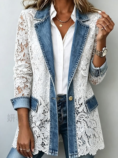 Imitation denim jacket single button medium and long gentle hollow flower lace blazer FF303300