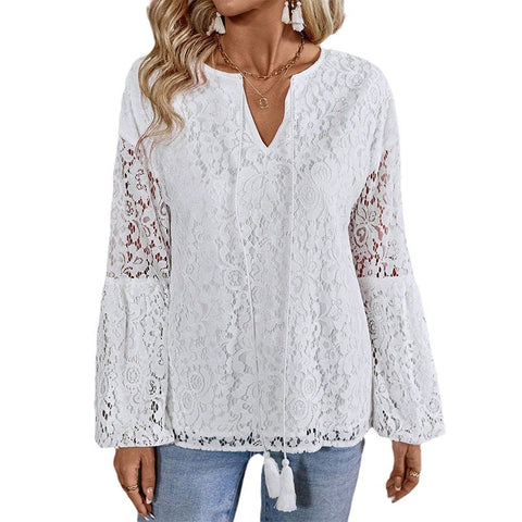 New elegant women's V-neck lace splicing long-sleeved T-shirt top women's m301950