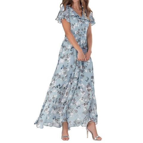 Big pendulum long dress V-neck short-sleeved printed chiffon dress m301544