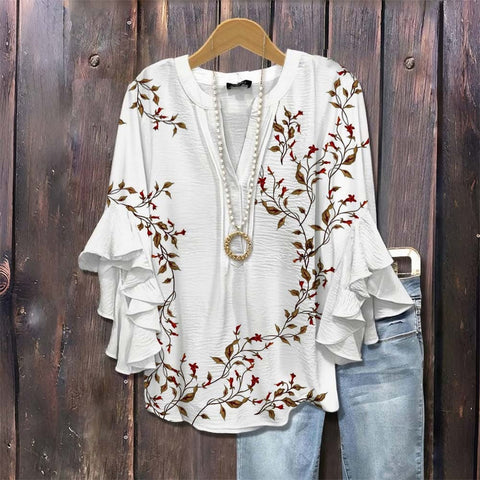 Creative floral element printing digital printing casual trend V-neck lotus edge T-shirt women's m301769