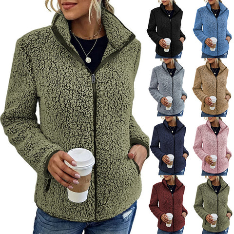 Solid color top sweater women's casual fashion long-sleeved zipper bubble fleece jacket m300462