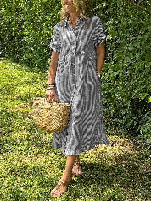 Loose large size striped short-sleeved shirt dress women's summer new casual cotton and linen medium and long skirt m302066