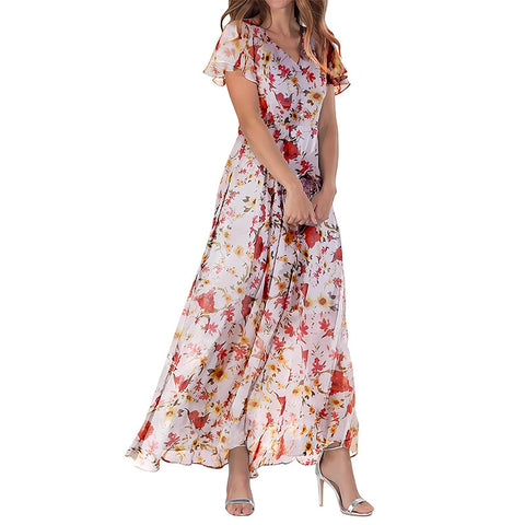 Big pendulum long dress V-neck short-sleeved printed chiffon dress m301544