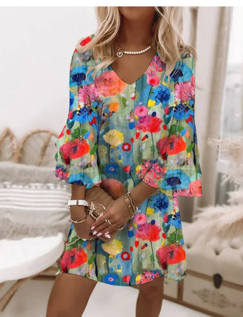 Fresh printed V-neck 3/4-sleeve mini women's dress m302854
