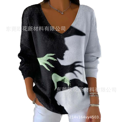 Halloween printed women's V-neck imitation sweater m302107