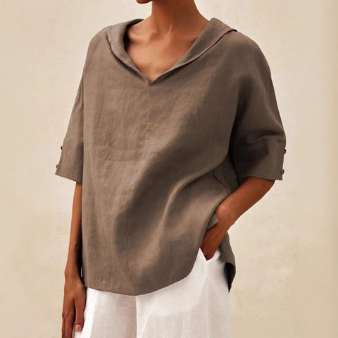 Women's solid color cotton and linen loose hooded top T-shirt m301294