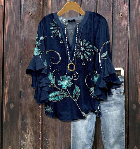 Creative floral element printing digital printing casual trend V-neck lotus edge T-shirt women's top m301778
