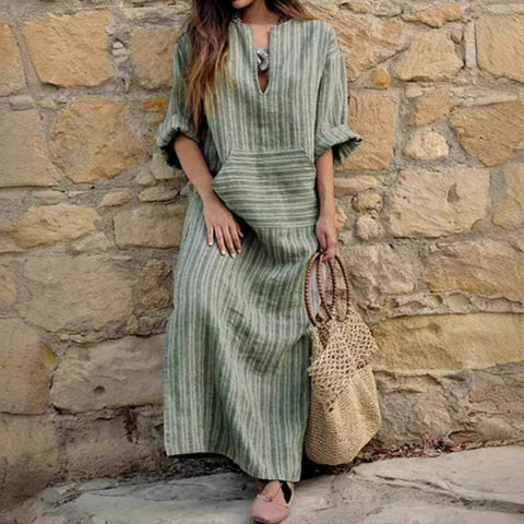 New cotton and linen dyed striped loose dress m302470