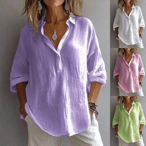 Solid color casual loose long-sleeved linen V-neck shirt m301732