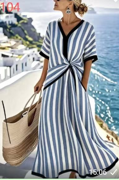 V-neck women's fashion elegance commuter ladies printed striped dress print ladies print ladies m302355