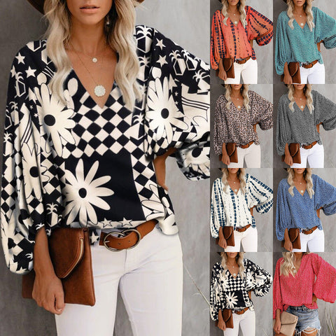 V-neck shirt printed lantern sleeve women's top m301626