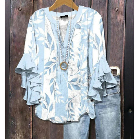 Floral element printing digital printing casual trend V-neck lotus edge T-shirt women's upper m302746