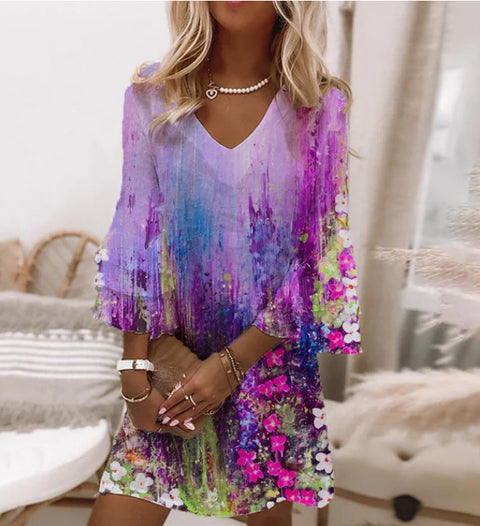Fresh printed V-neck 3/4-sleeve mini women's dress m302854