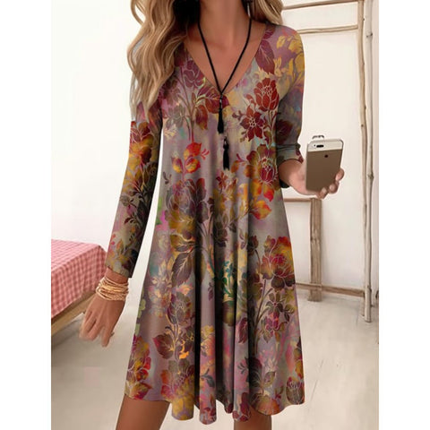 Autumn and winter V-neck high waist retro gradual change color printing nine-quarter sleeve loose dress m300742