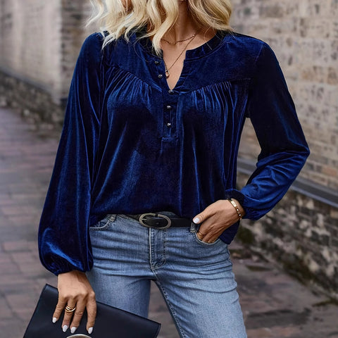 Solid color pullover V-neck casual temperament commuter button long sleeve top women m302275
