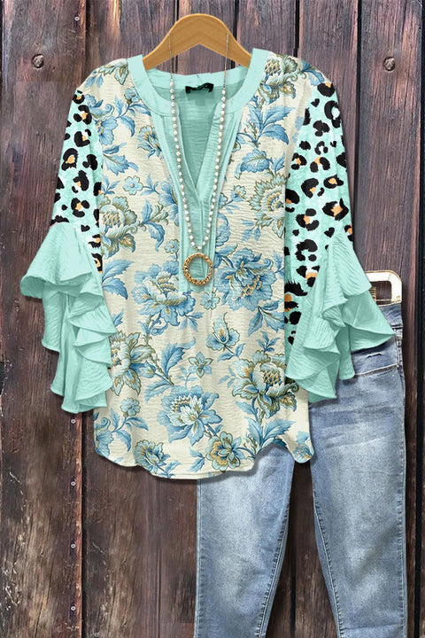 Digital printing casual trend V-neck lotus edge T-shirt women's m302725-2