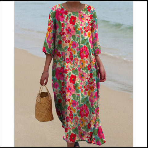 Robe longue à col ras du cou pour femme, imprimée, décontractée, tendance, m301059