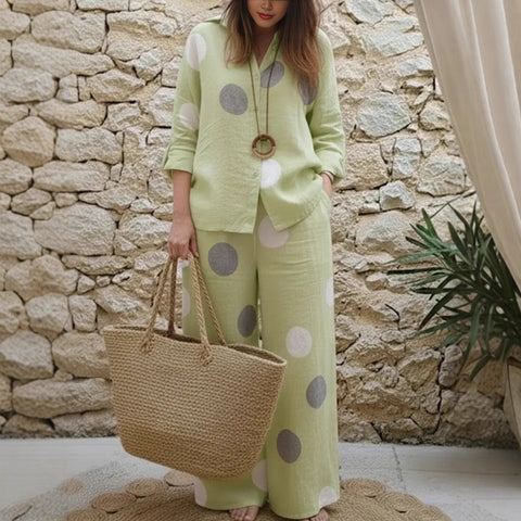Women's suit long-sleeved lapel button-up top trousers printed two-piece set m302718