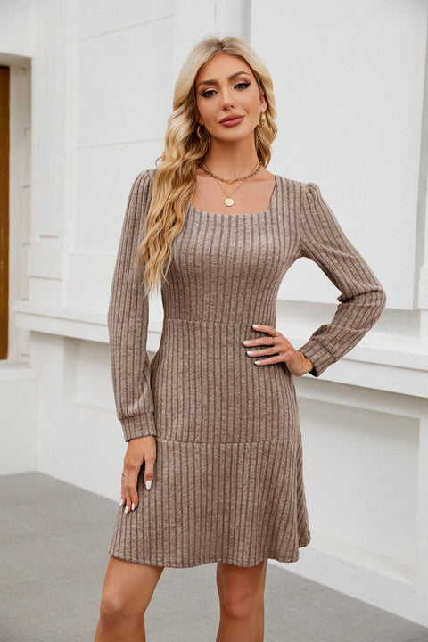 Square neck lantern sleeve doll pocket long sleeve dress m300921