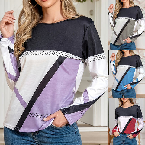 Spring and Autumn Elegant Geometric Contrast Top Long Sleeve T-Shirt m301645
