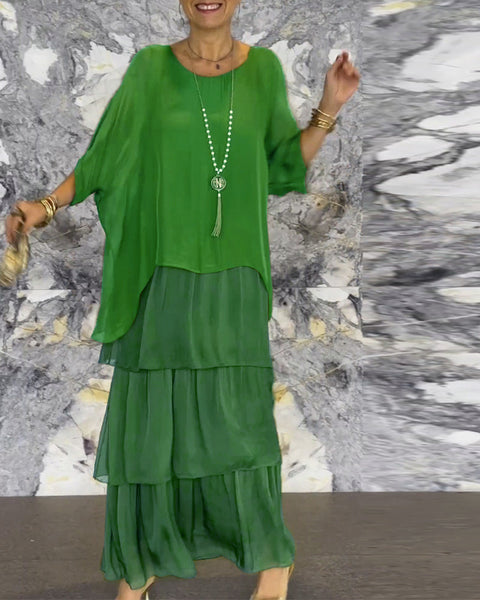 Fashion women's temperament round neck bat sleeve long dress m301334