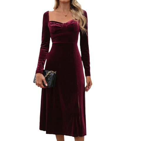 Velvet long dress autumn and winter dress split dress m300807